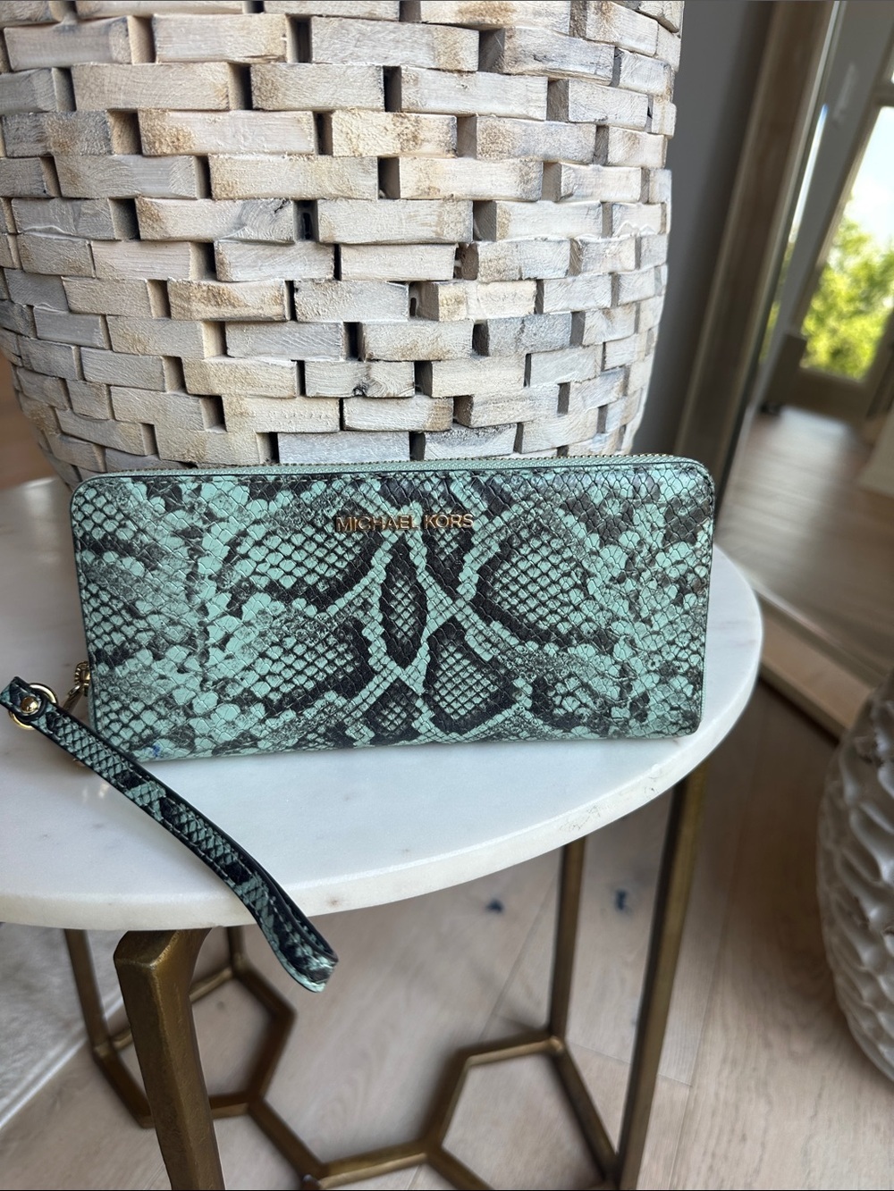 Michael Kors Mint and Black Snake-Print Zip Wallet with Wristlet